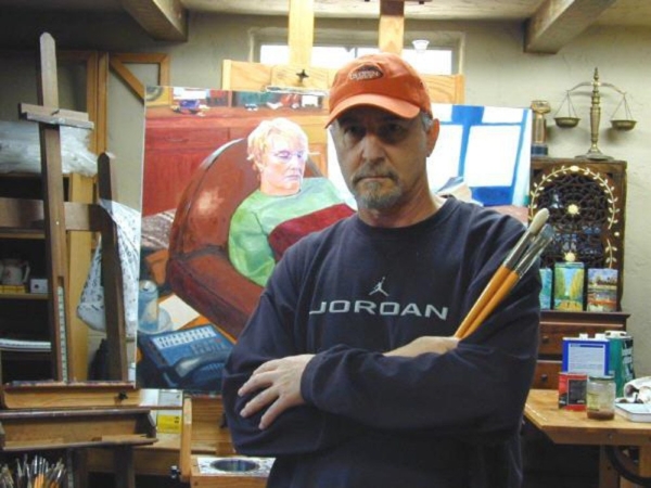 Photo of David Anderle in his art studio.